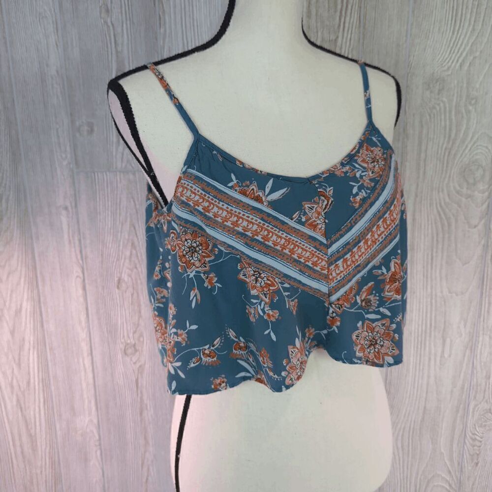 Angie Women's Small Blue Orange Floral BOHO Cropped Top Shirt Sleeveless